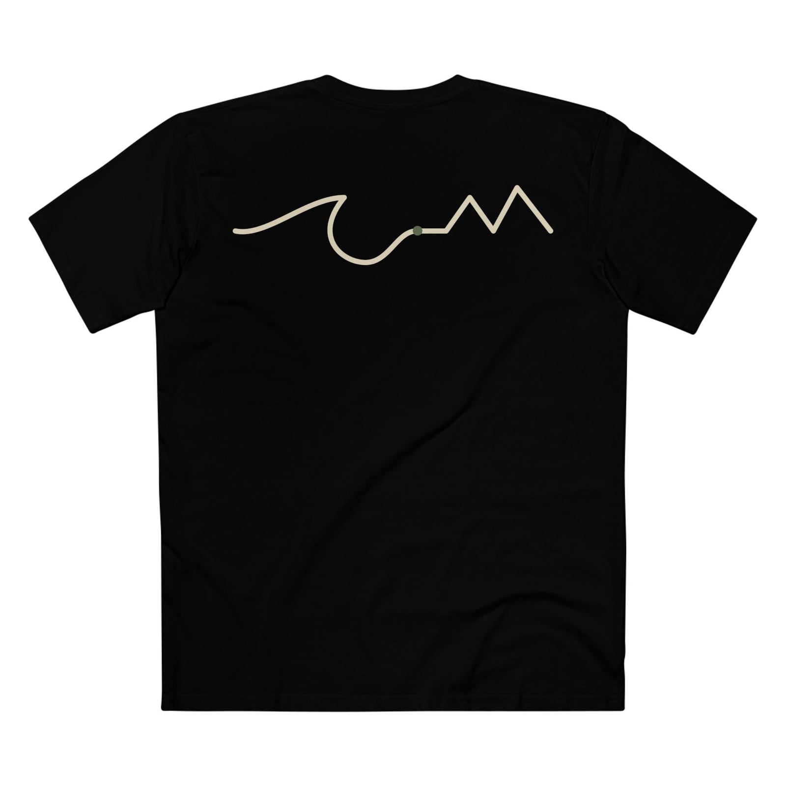 Black t-shirt with a white mountain graphic on the back against a white background