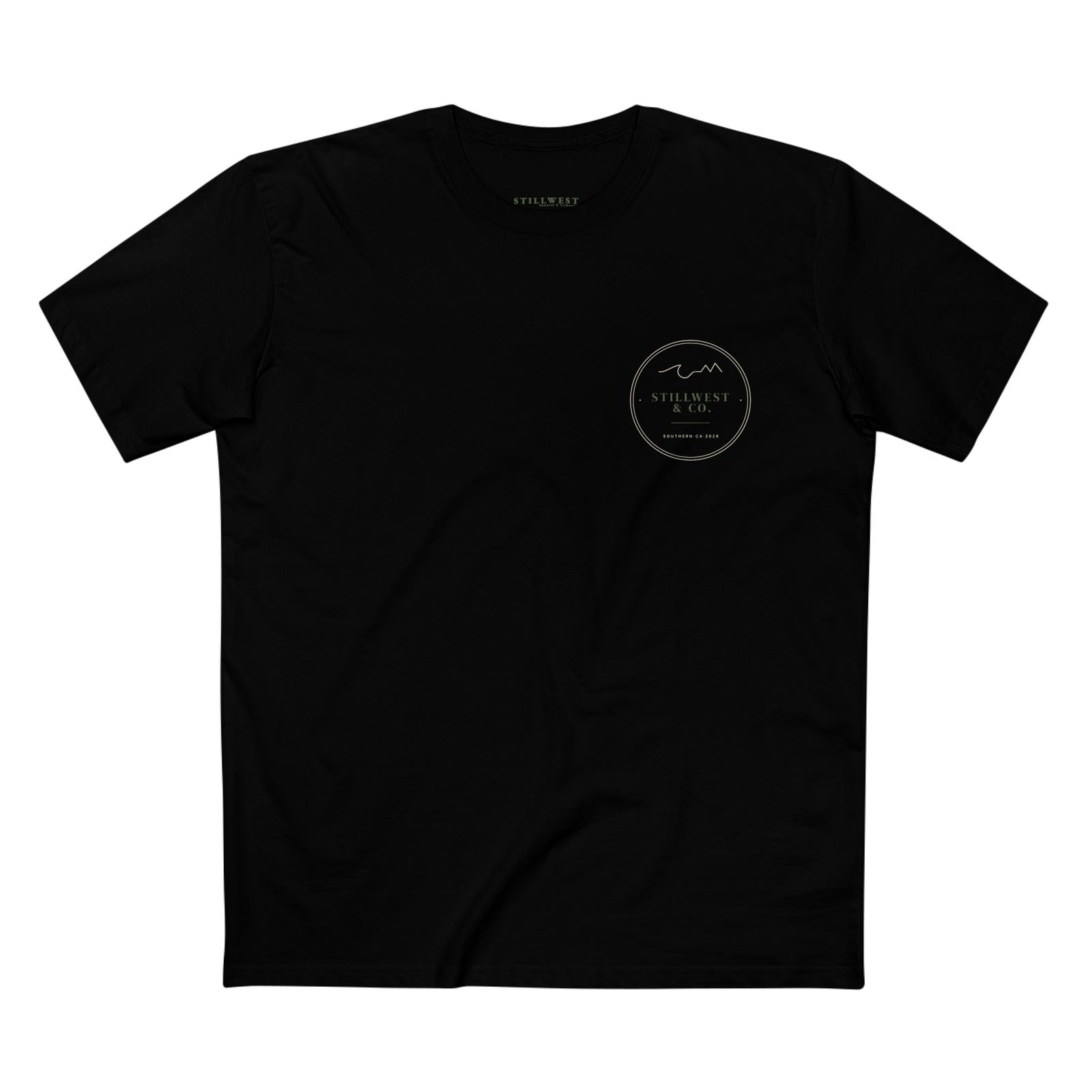 Black t-shirt with a logo on the chest against a white background