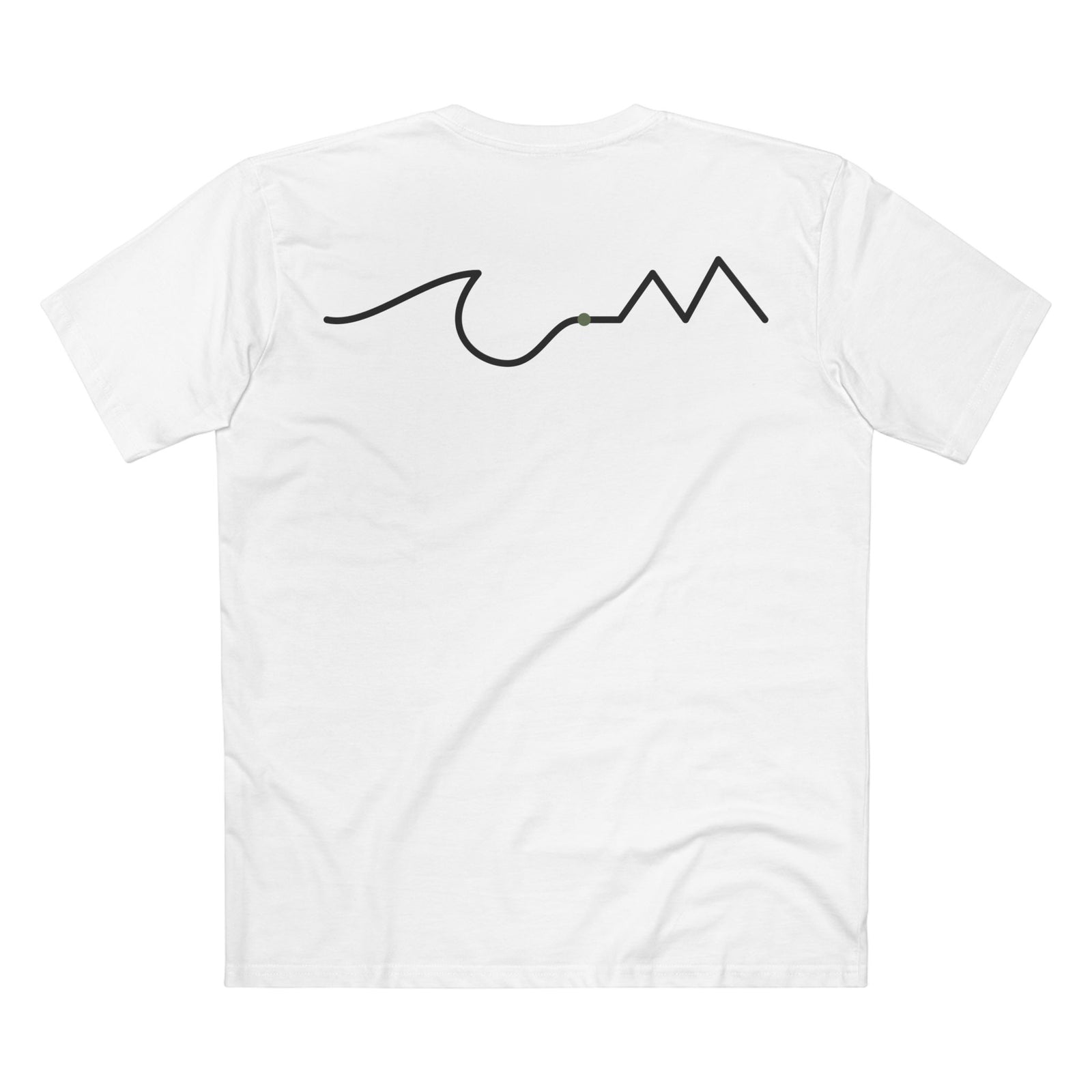 White t-shirt with a black mountain graphic on the back against a white background