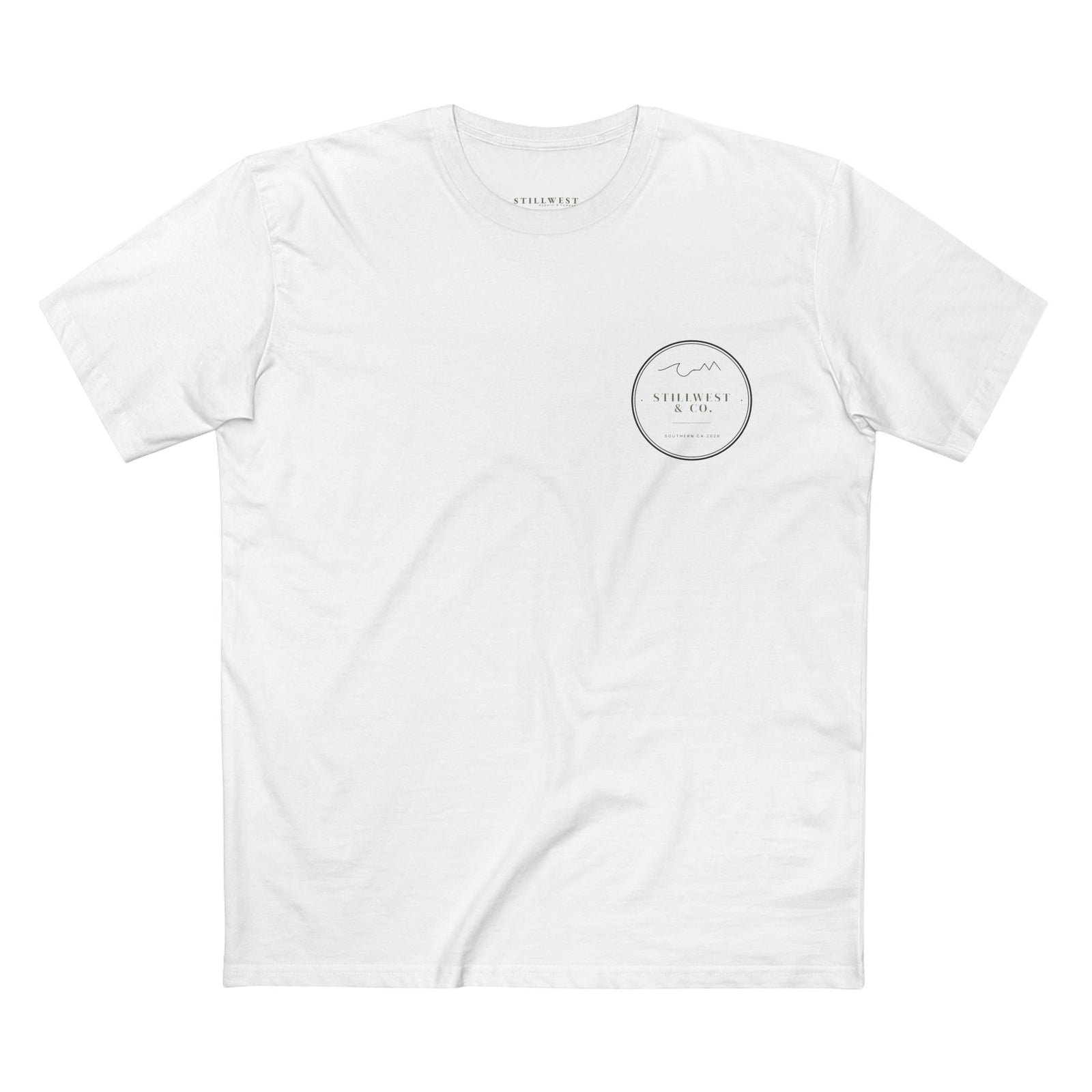 White t-shirt with black logo on a white background